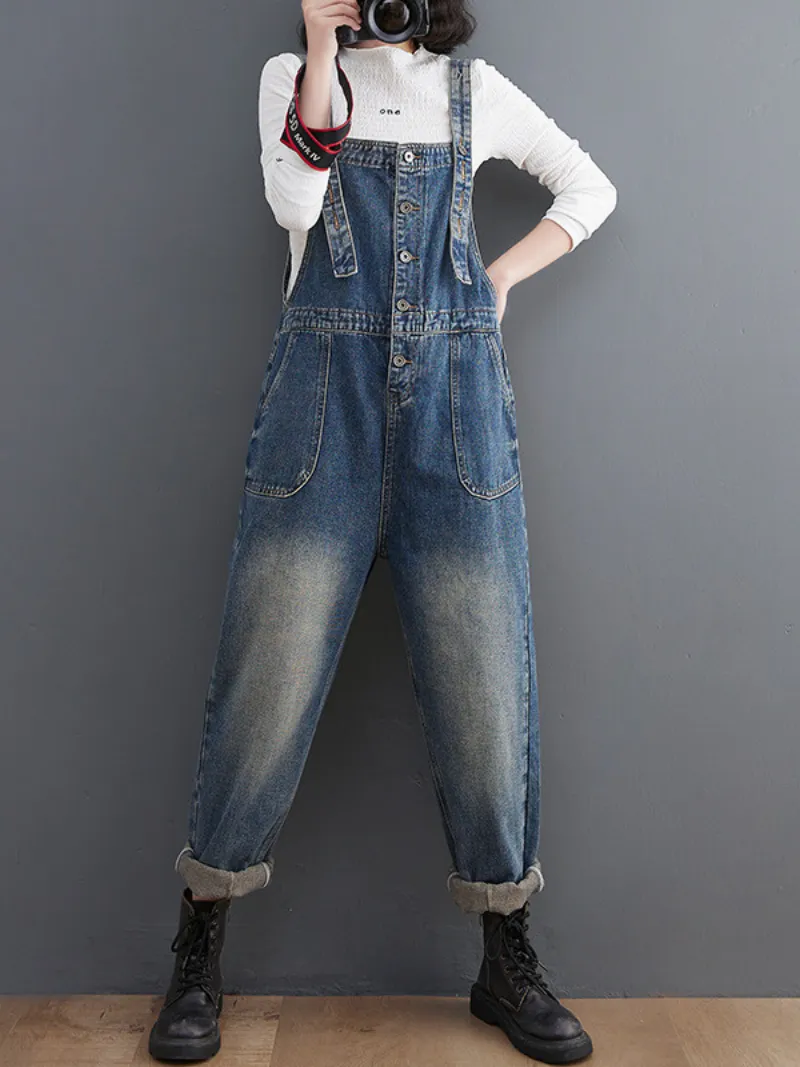 Women's Spring Stylish Large Size Loose Denim Overalls