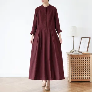 Women's Stand Collar Long SLeeves Linen Dress