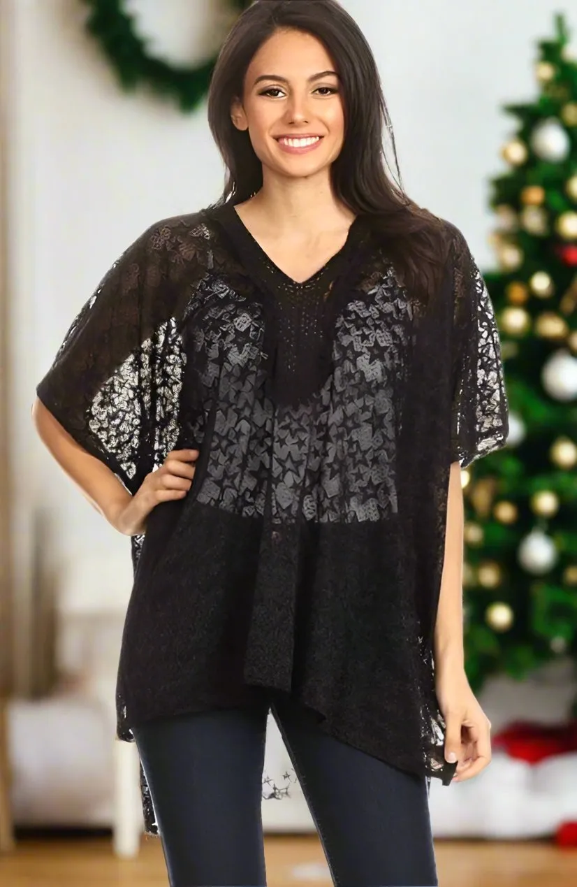 Womens Star Print Lace Shirt, Christmas Black Kimono, Holiday Kimono, Pull Over Top