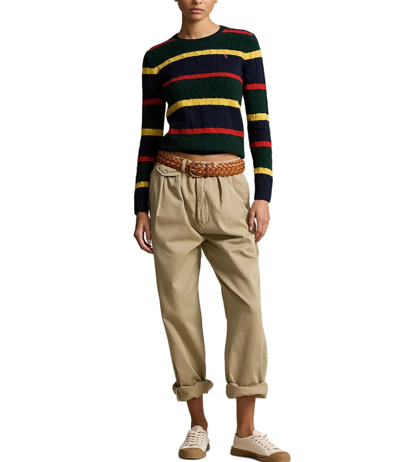 Women's Striped Cable-Knit Wool Cashmere Sweater Multi