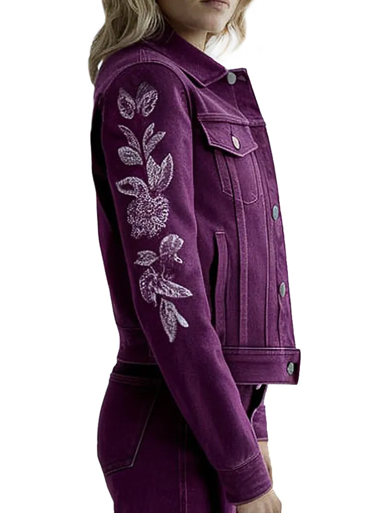 Women's Stylish Purple Floral Embroidered Denim Jacket