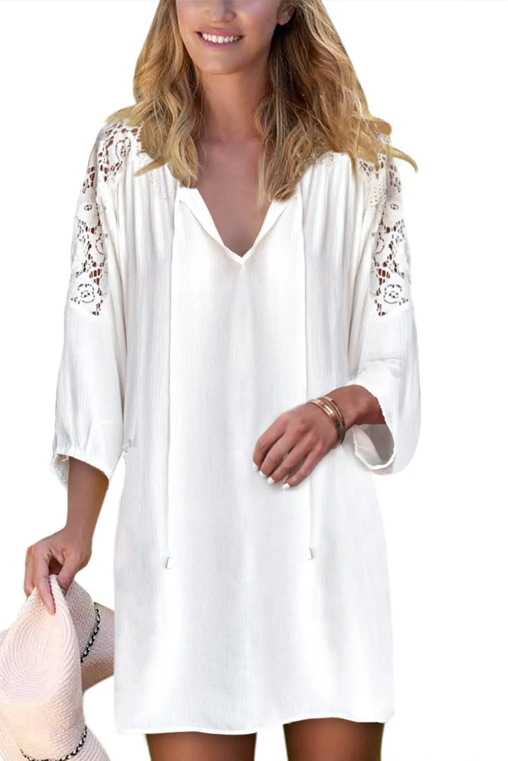 Women's Summer T Shirt Dress V Neck Lace Shoulder  Loose Beach Mini Dress