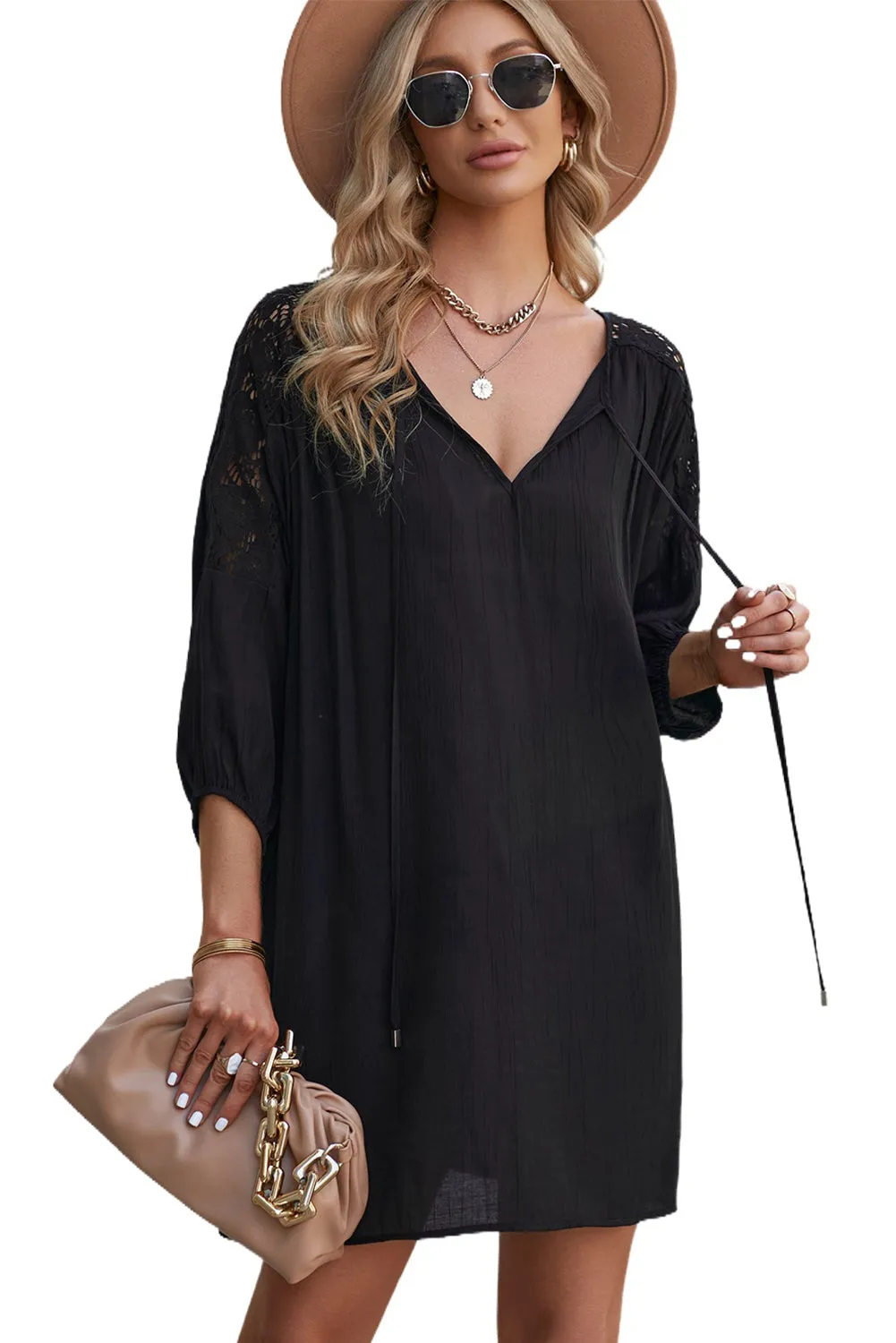 Women's Summer T Shirt Dress V Neck Lace Shoulder  Loose Beach Mini Dress