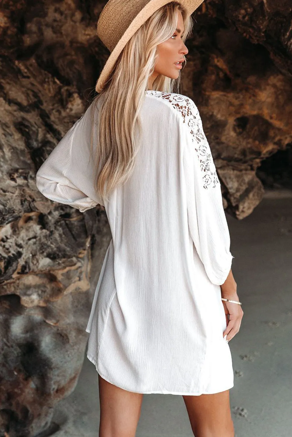 Women's Summer T Shirt Dress V Neck Lace Shoulder  Loose Beach Mini Dress