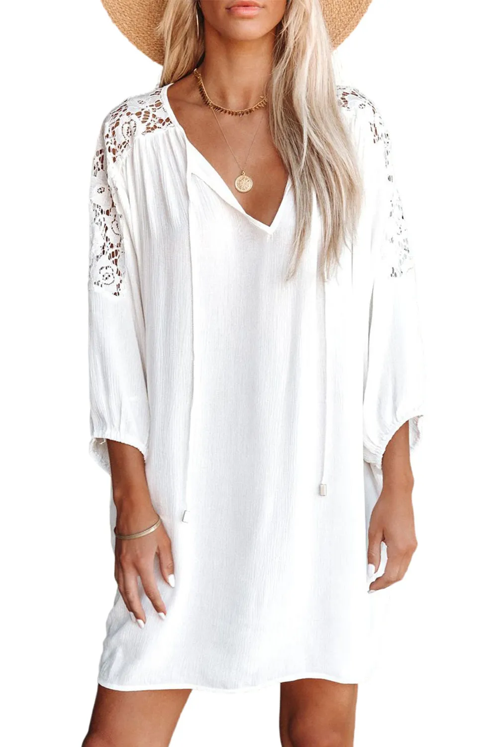 Women's Summer T Shirt Dress V Neck Lace Shoulder  Loose Beach Mini Dress