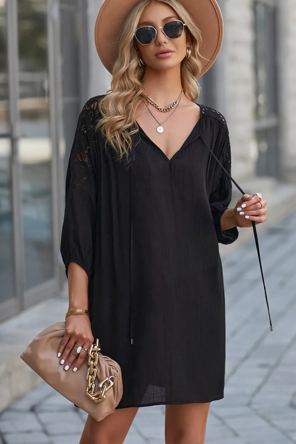 Women's Summer T Shirt Dress V Neck Lace Shoulder  Loose Beach Mini Dress