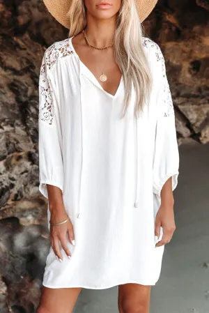 Women's Summer T Shirt Dress V Neck Lace Shoulder  Loose Beach Mini Dress