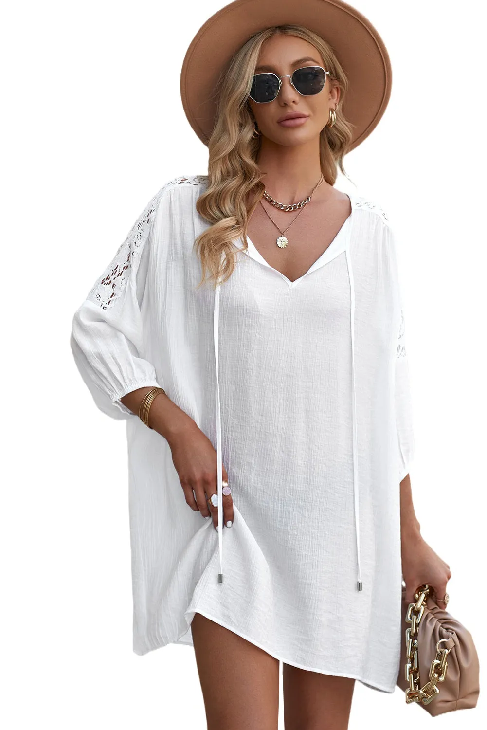 Women's Summer T Shirt Dress V Neck Lace Shoulder  Loose Beach Mini Dress