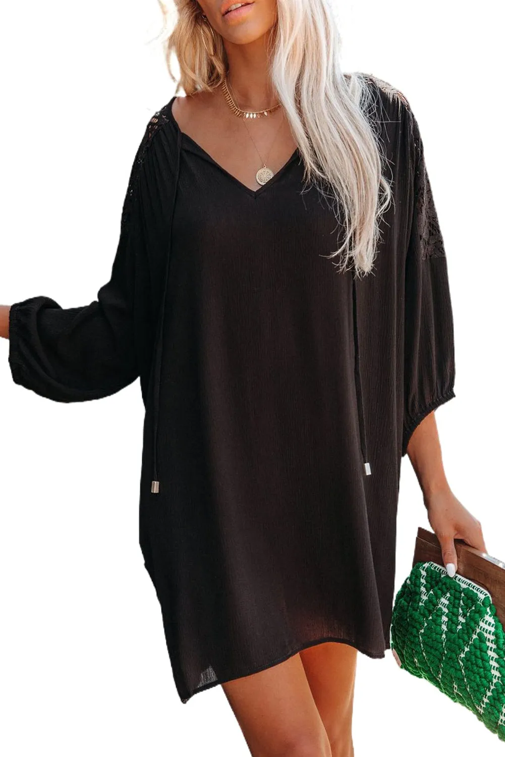 Women's Summer T Shirt Dress V Neck Lace Shoulder  Loose Beach Mini Dress