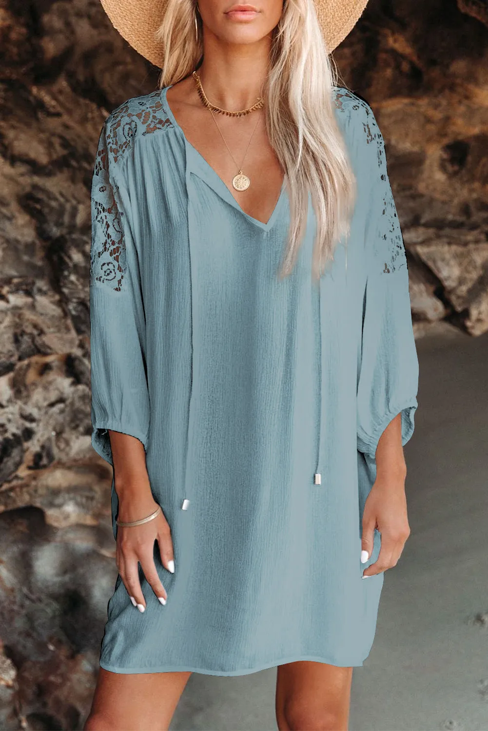 Women's Summer T Shirt Dress V Neck Lace Shoulder  Loose Beach Mini Dress