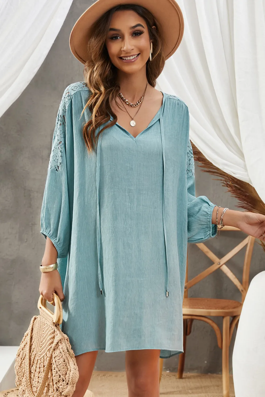 Women's Summer T Shirt Dress V Neck Lace Shoulder  Loose Beach Mini Dress