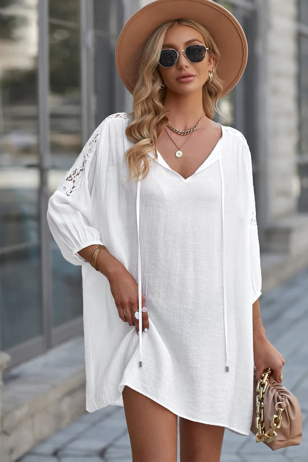 Women's Summer T Shirt Dress V Neck Lace Shoulder  Loose Beach Mini Dress