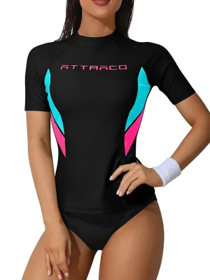 Women's Surfing Crew Neck Rashguard Swimwear with Short Sleeves - SF0495