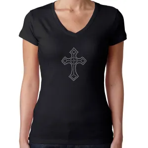 Womens T-Shirt Rhinestone Bling Black Fitted Tee Medium Cross White Crystal