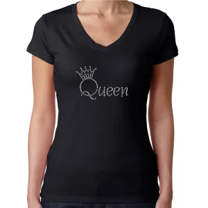 Womens T-Shirt Rhinestone Bling Black Fitted Tee Queen Crown Crystal White