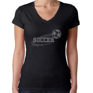 Womens T-Shirt Rhinestone Bling Black Fitted Tee Soccer Sports Ball White