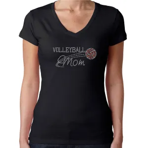 Womens T-Shirt Rhinestone Bling Black Fitted Tee Volleyball Mom Red White