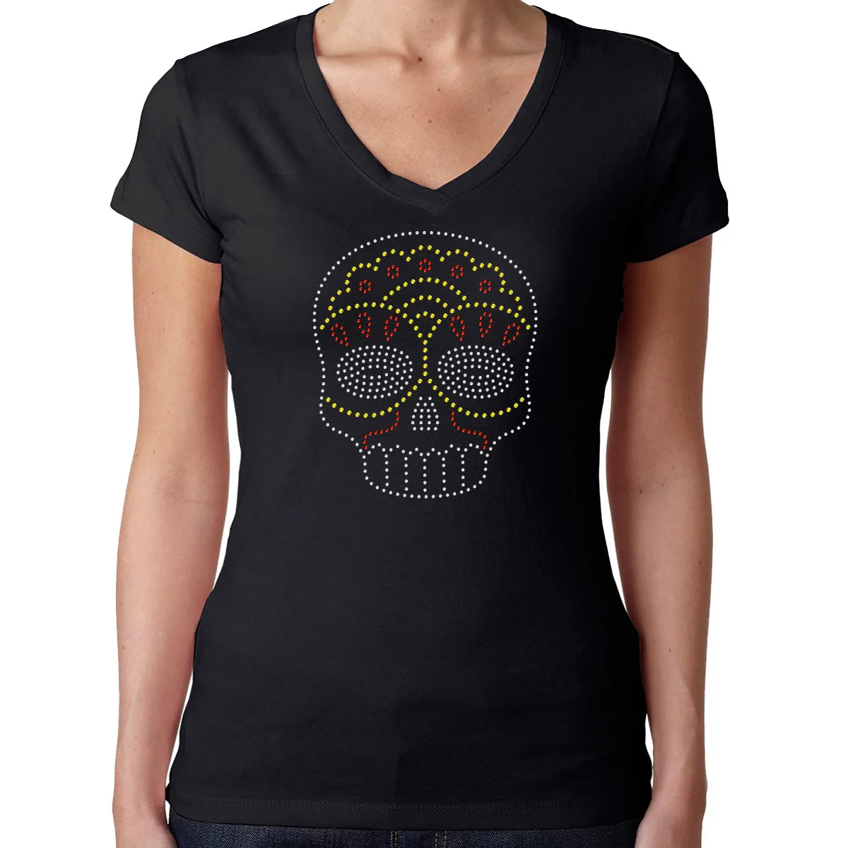 Womens T-Shirt Rhinestone Bling Black Fitted Tee Yellow White Sparkle Sugar Skull