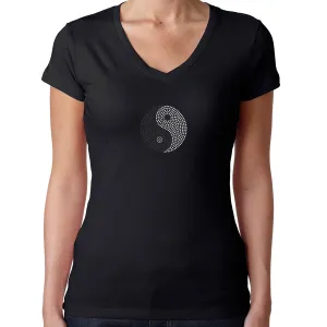 Womens T-Shirt Rhinestone Bling Black Fitted Tee Ying Yang Black White Sparkle