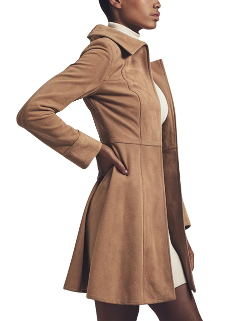 Women's Tan Suede Flare Stylish Coat