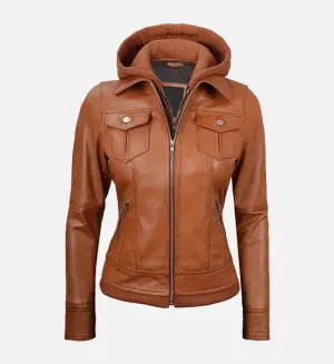 Women's Tan Wax Leather Jacket With Detachable Hood