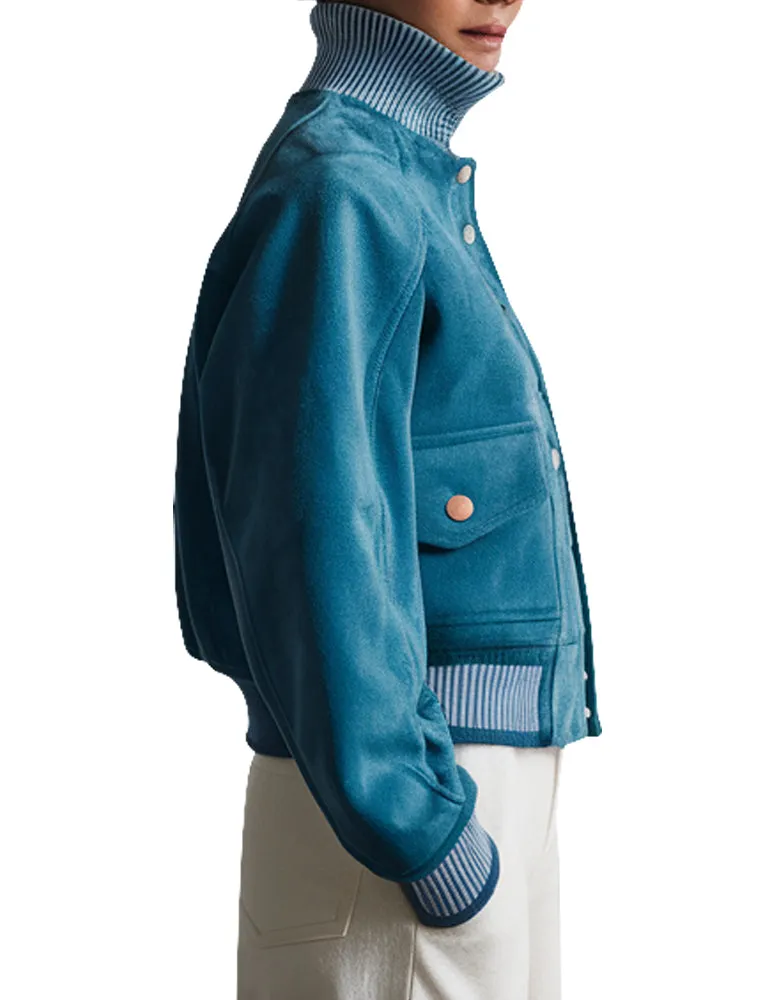 Women's Teal Suede Bomber Jacket With High Collar