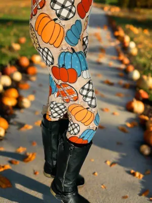 Womens Thanksgiving Pumpkin Leggings, Plaid Pumpkin Leggings, Soft Yoga Pants, Sizes OS/TC/TC2, Yoga Waist, Exclusive Leggings