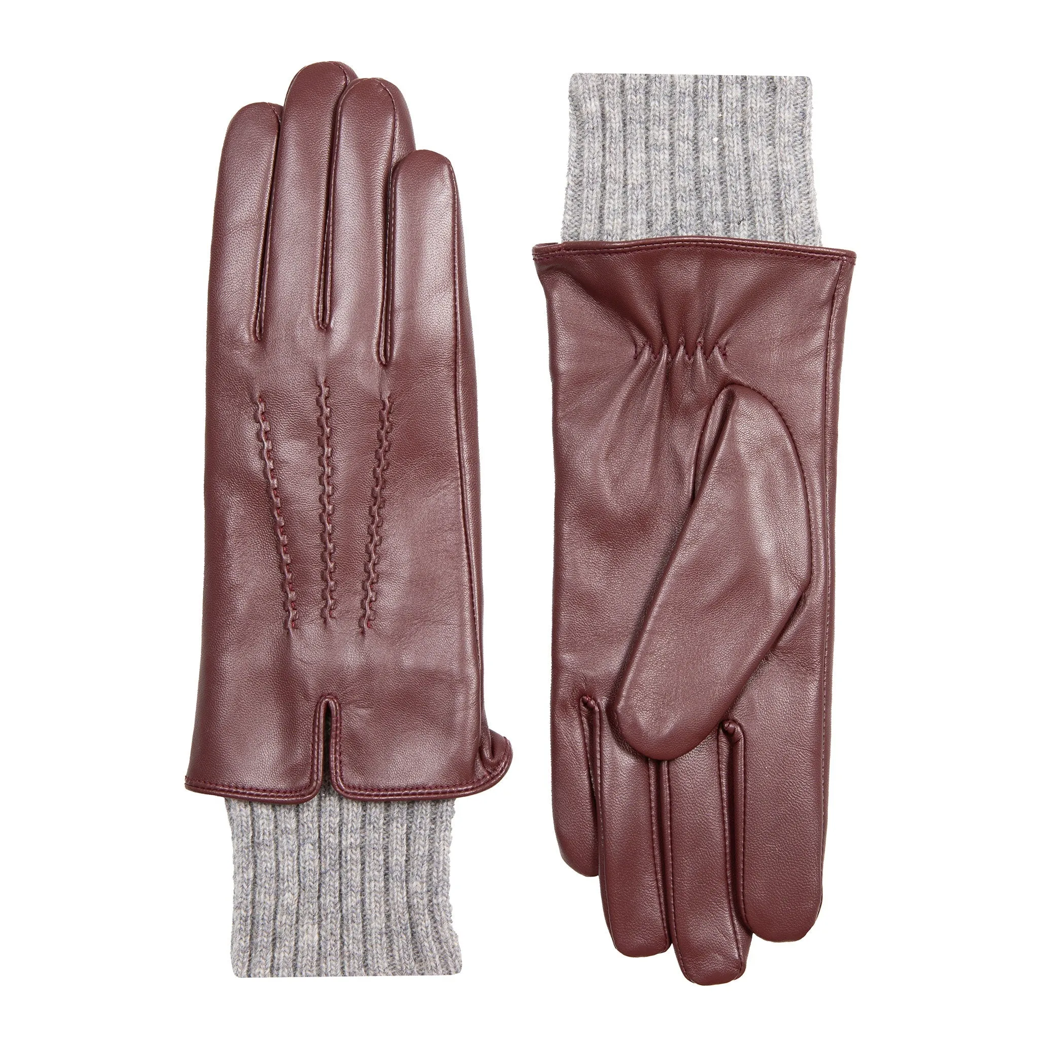 Women’s Three-Point Wool Blend-Lined Leather Gloves with Knitted Cuffs