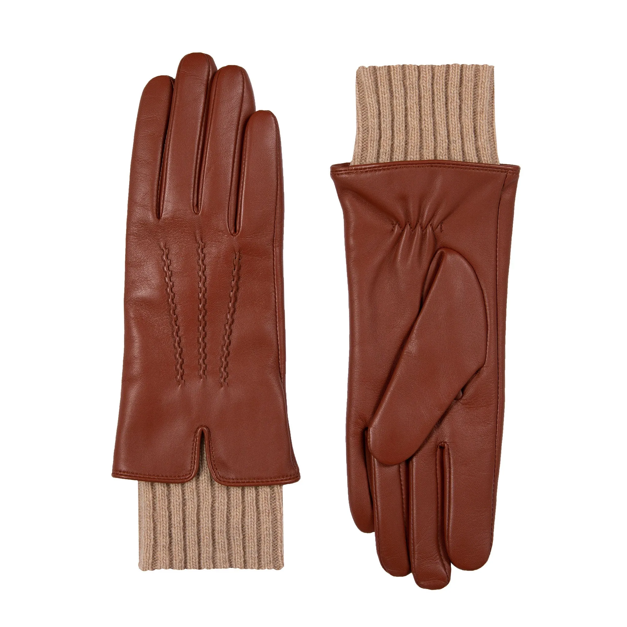 Women’s Three-Point Wool Blend-Lined Leather Gloves with Knitted Cuffs