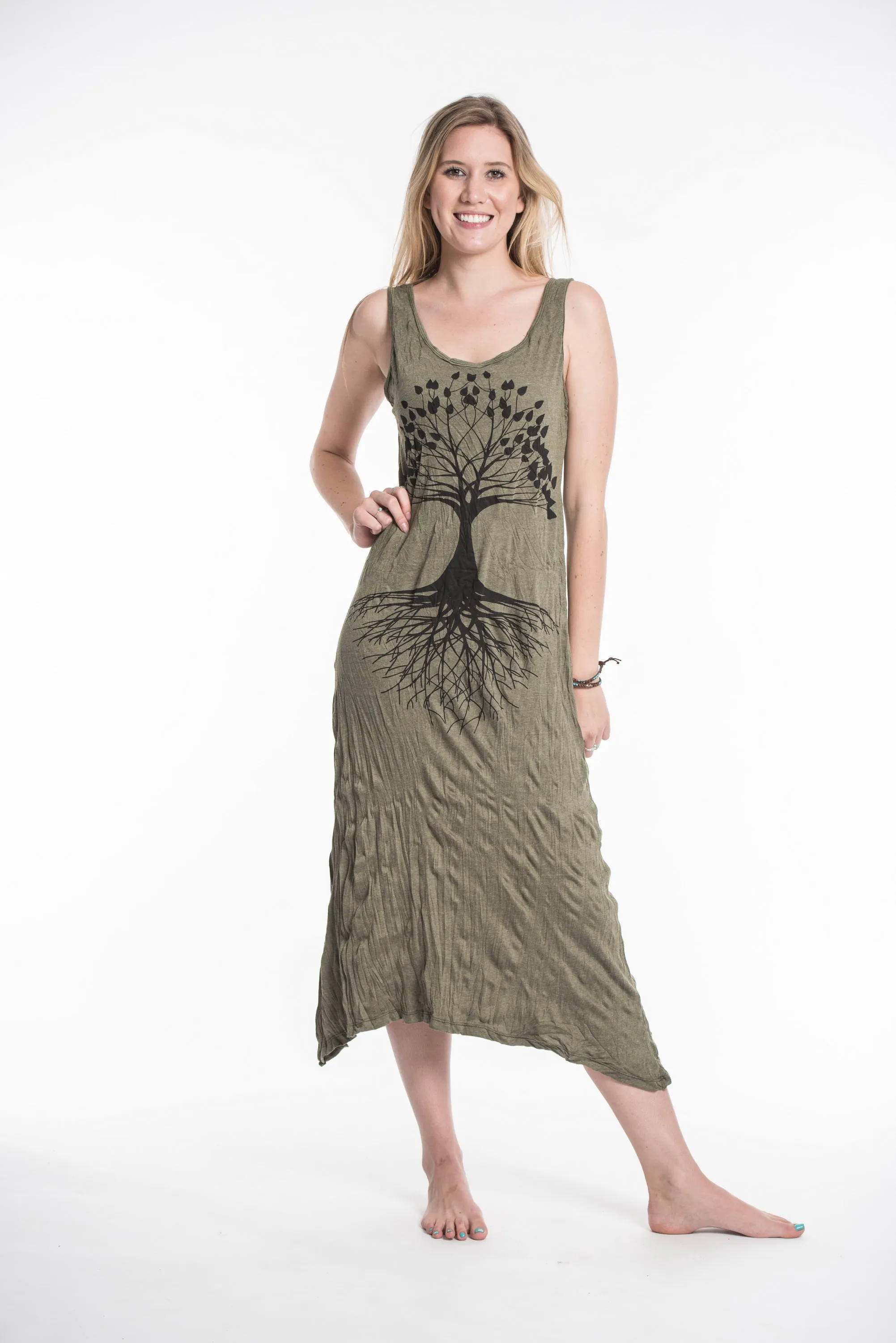 Womens Tree of Life Long Tank Dress in Green