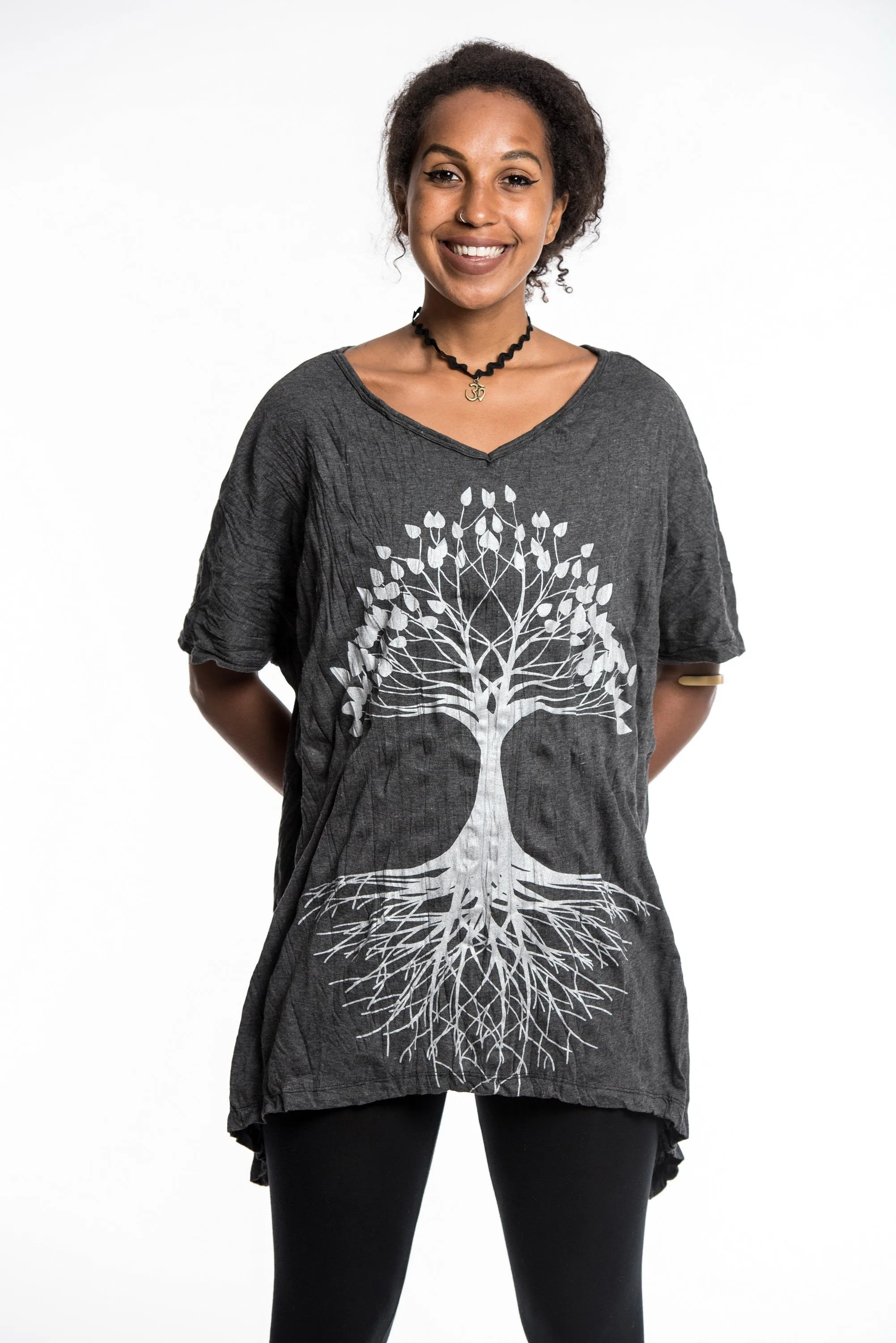 Womens Tree of Life Loose V Neck T-Shirt in Silver on Black