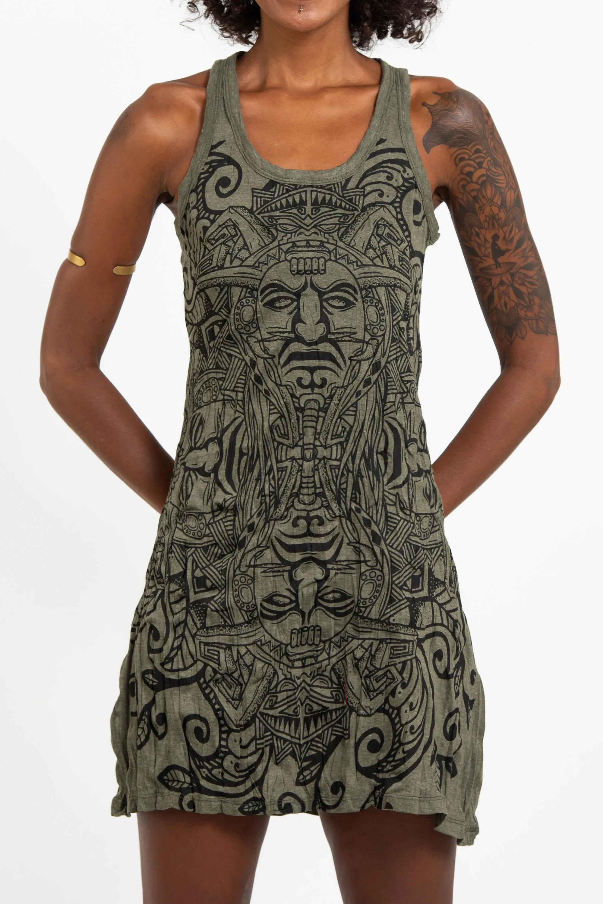 Womens Tribal Masks Tank Dress in Green