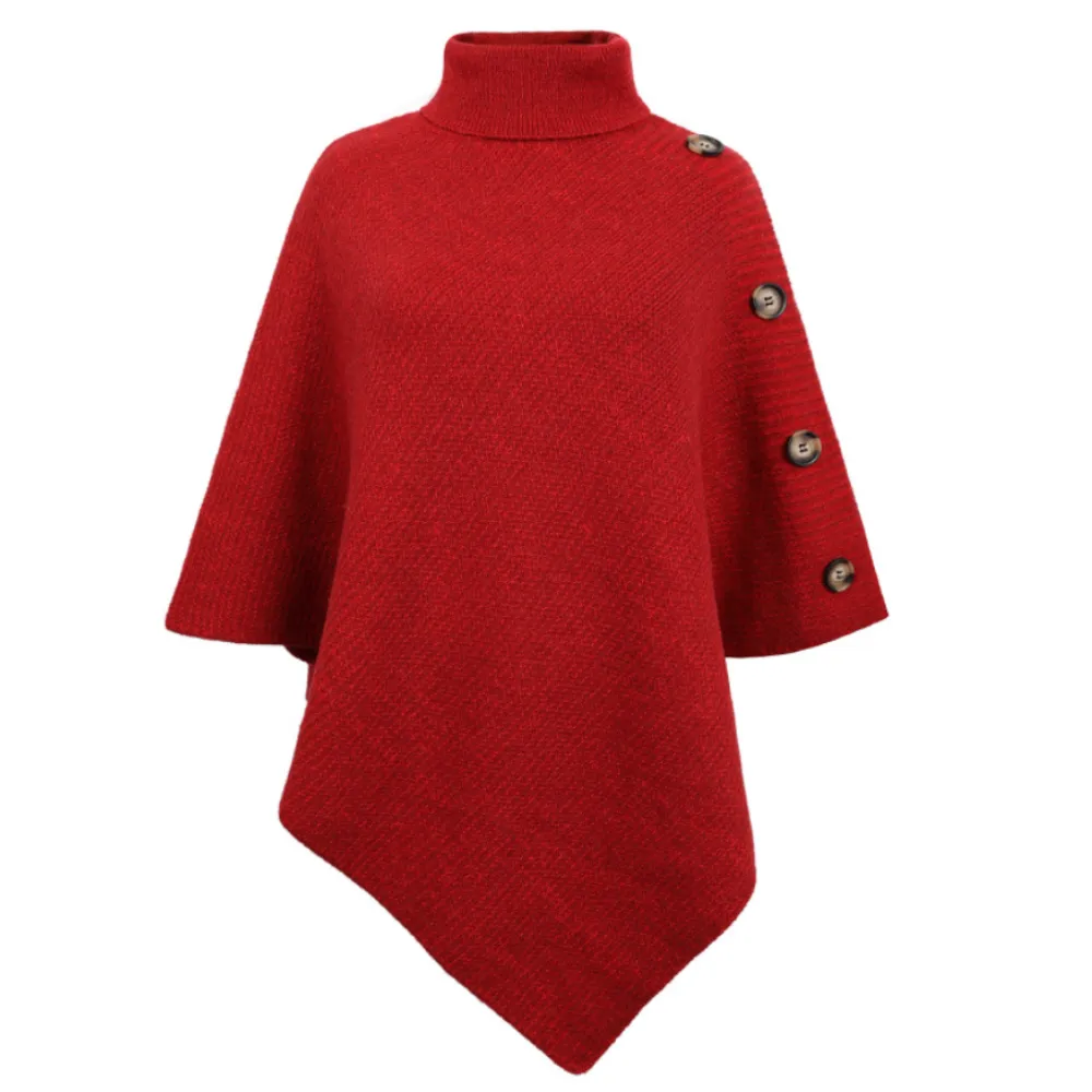 Womens Turtleneck Poncho With Side Buttons Details