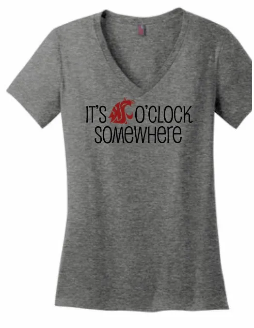 Womens V-Neck It's Coug O'Clock Somewhere Grey Tee