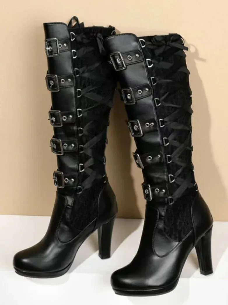 Women's Victorian Gothic Vampire Rivet Thick High Heel Boots