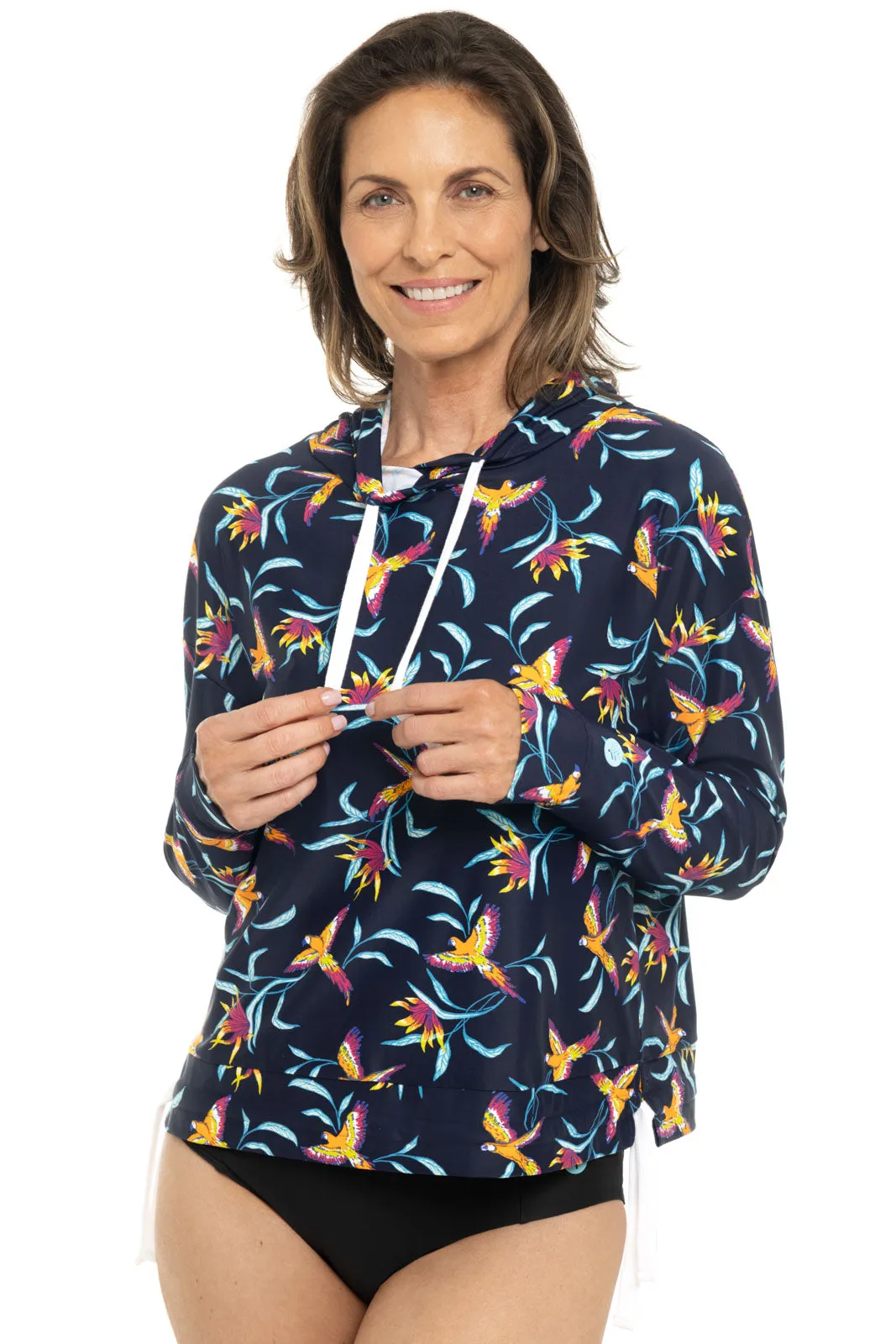 Women's Waikal Swim Hoodie  |  Navy Birds of Paradise