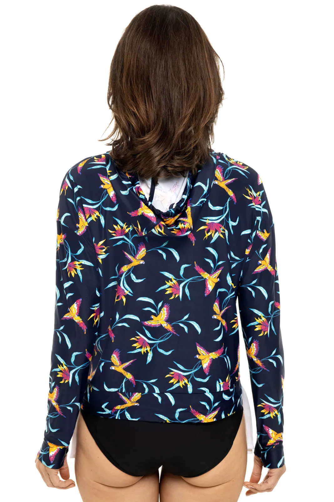 Women's Waikal Swim Hoodie  |  Navy Birds of Paradise