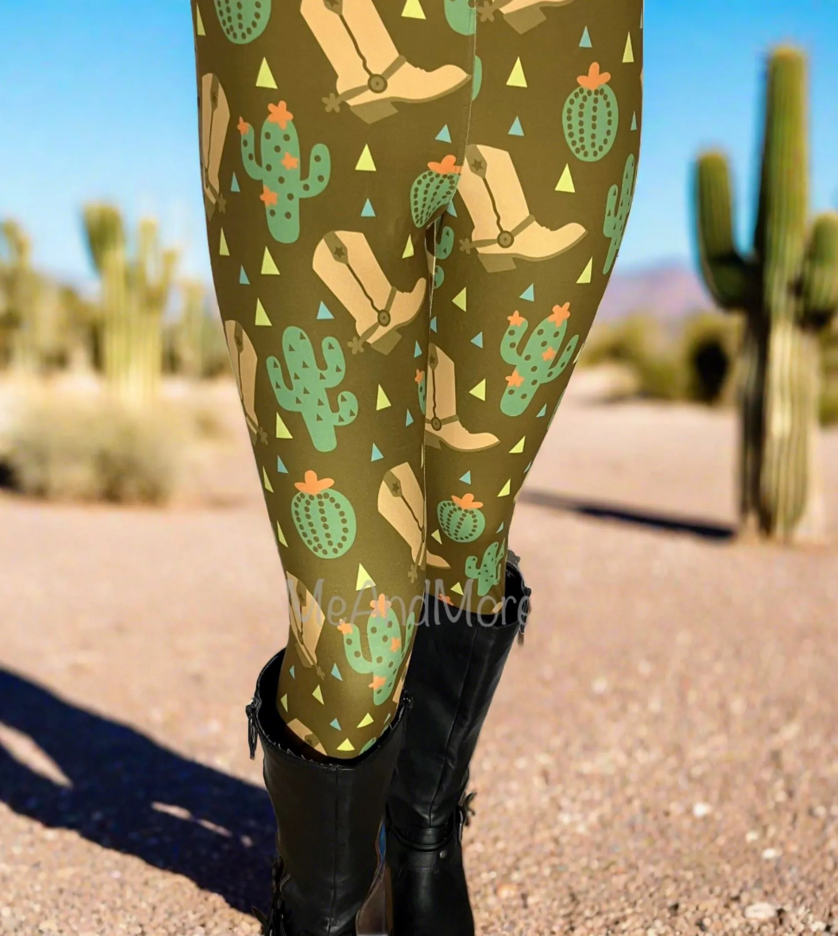 Womens Western Leggings, Cowgirl Boot Cactus Leggings, Soft Yoga Pants, Sizes OS/TC/TC2, Yoga Waist, Brown/Green, Exclusive Leggings