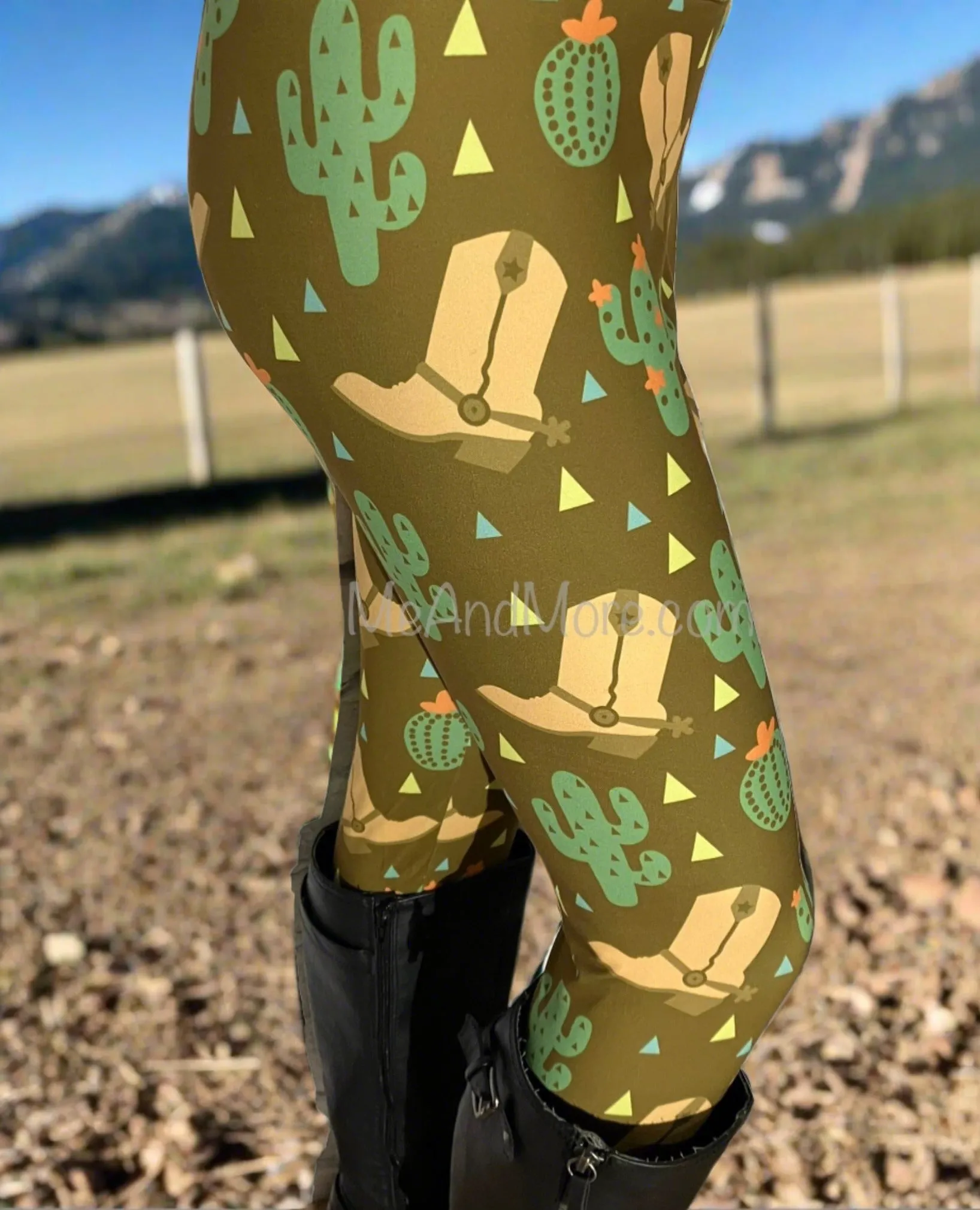 Womens Western Leggings, Cowgirl Boot Cactus Leggings, Soft Yoga Pants, Sizes OS/TC/TC2, Yoga Waist, Brown/Green, Exclusive Leggings