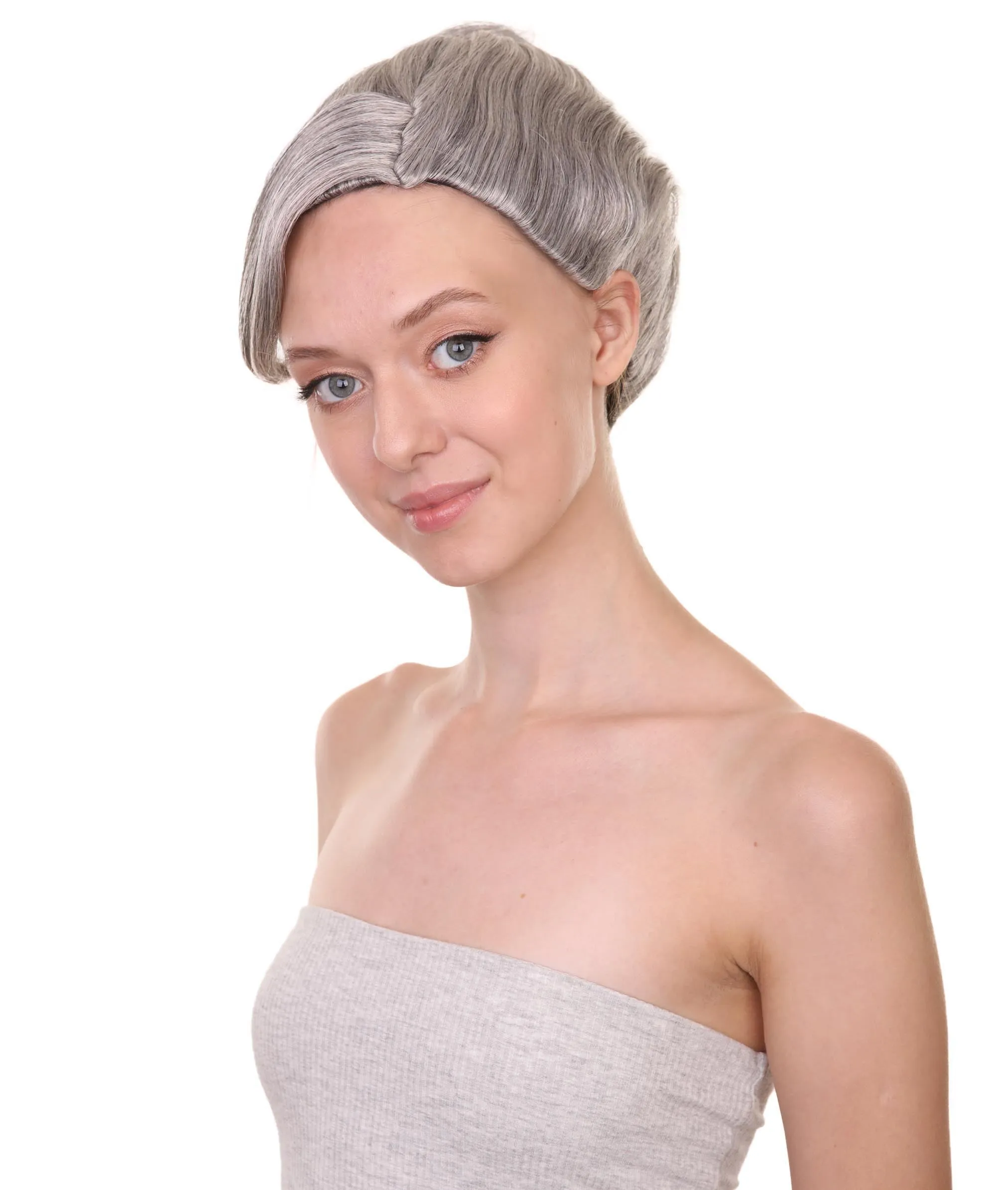 Womens Witch Wig , Silver Grandma With Bun Wig , Premium Breathable Capless Cap