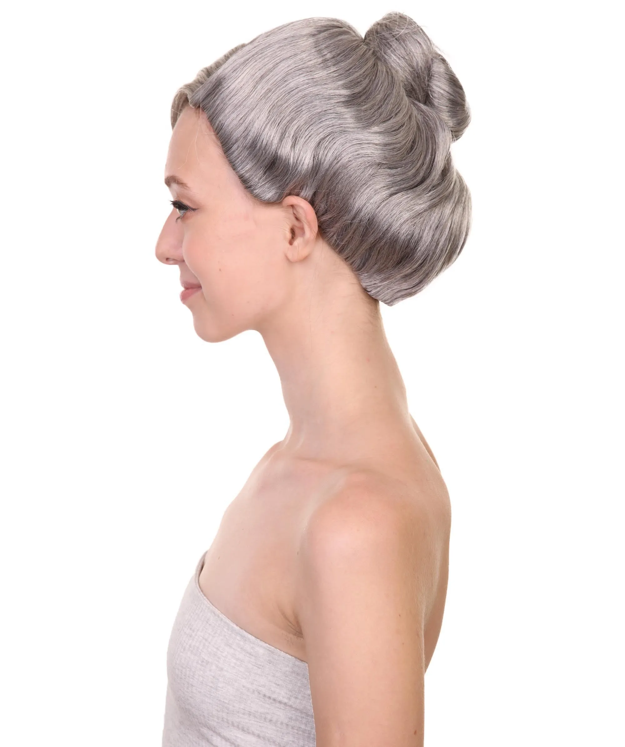 Womens Witch Wig , Silver Grandma With Bun Wig , Premium Breathable Capless Cap