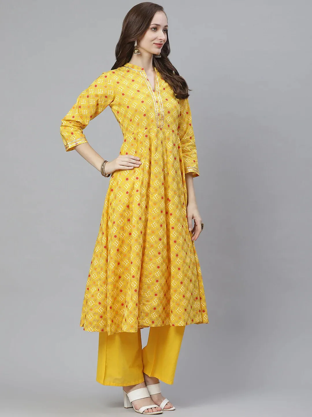 Women'S Yellow & Red Bandhani Screen Printed Anarkali Kurta With Palazzos