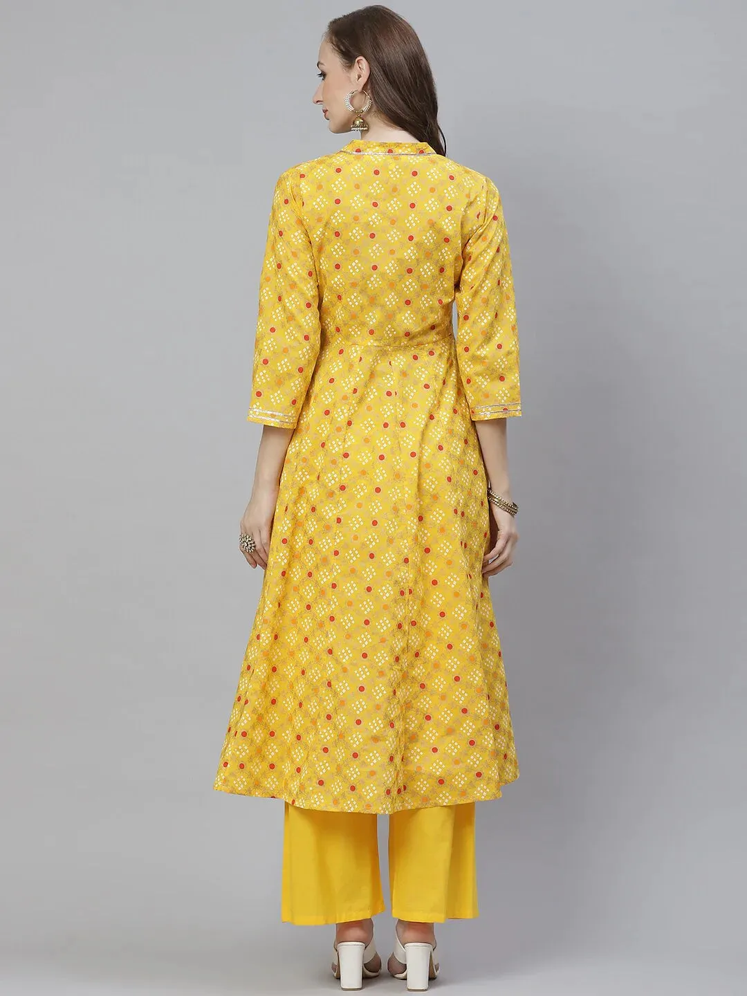 Women'S Yellow & Red Bandhani Screen Printed Anarkali Kurta With Palazzos