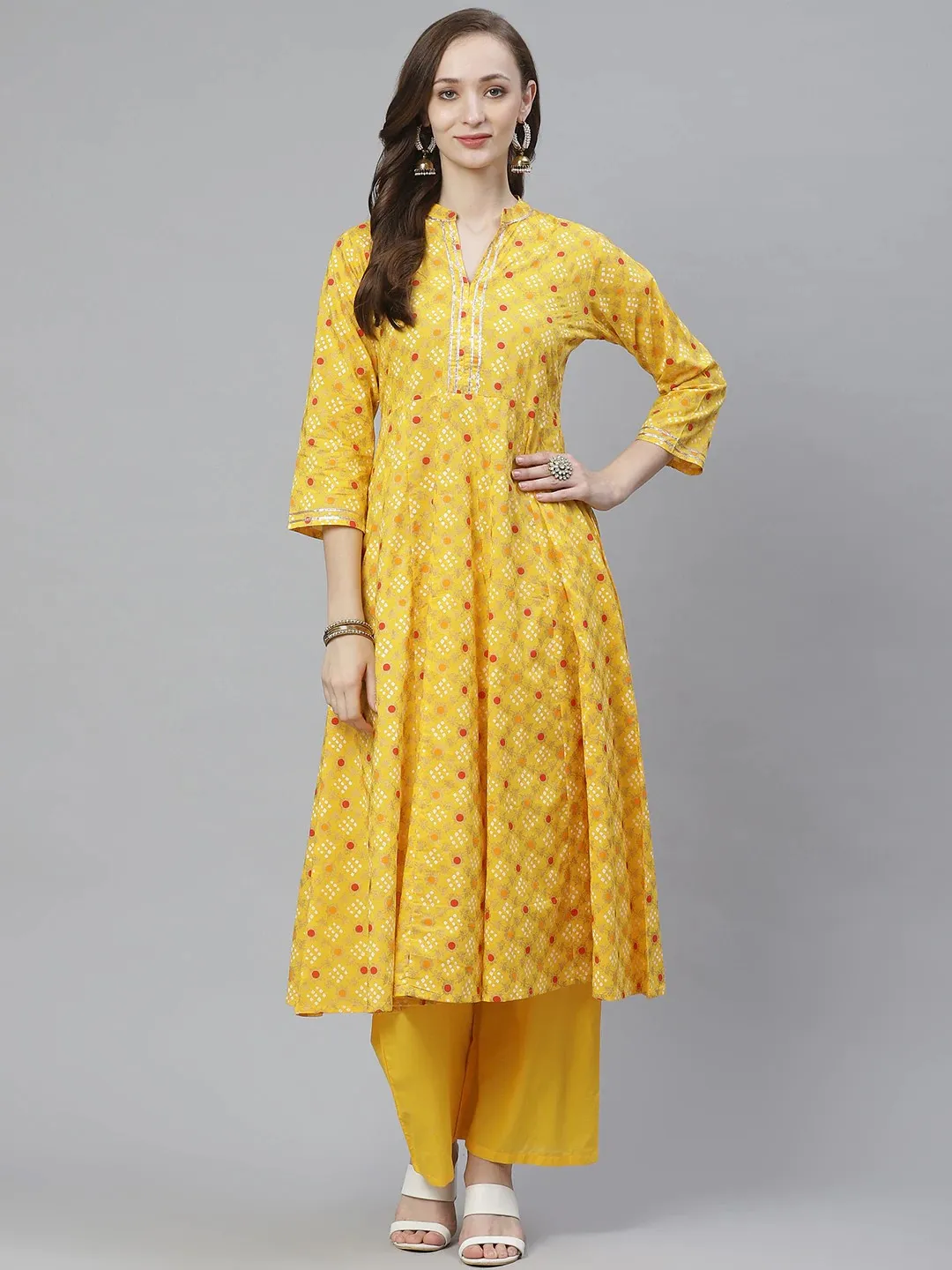 Women'S Yellow & Red Bandhani Screen Printed Anarkali Kurta With Palazzos