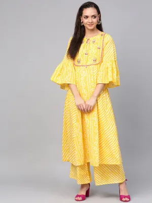 Women'S Yellow & White Bandhani Print Kurta With Palazzos