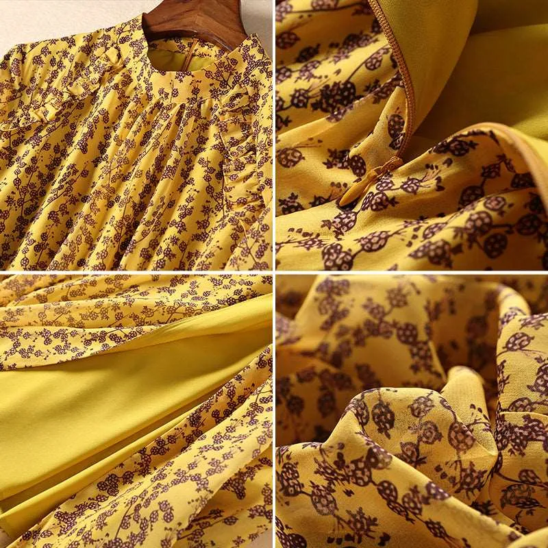 Women's Yellow Floral Print Chiffon Dress With Splits