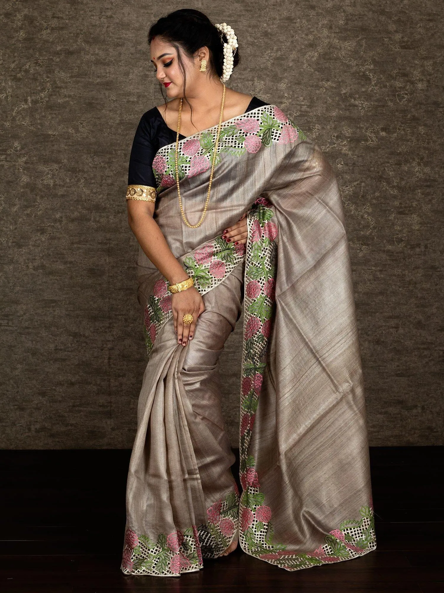 Wonderful Khaki Embroidered Cutwork Tussar Silk Saree