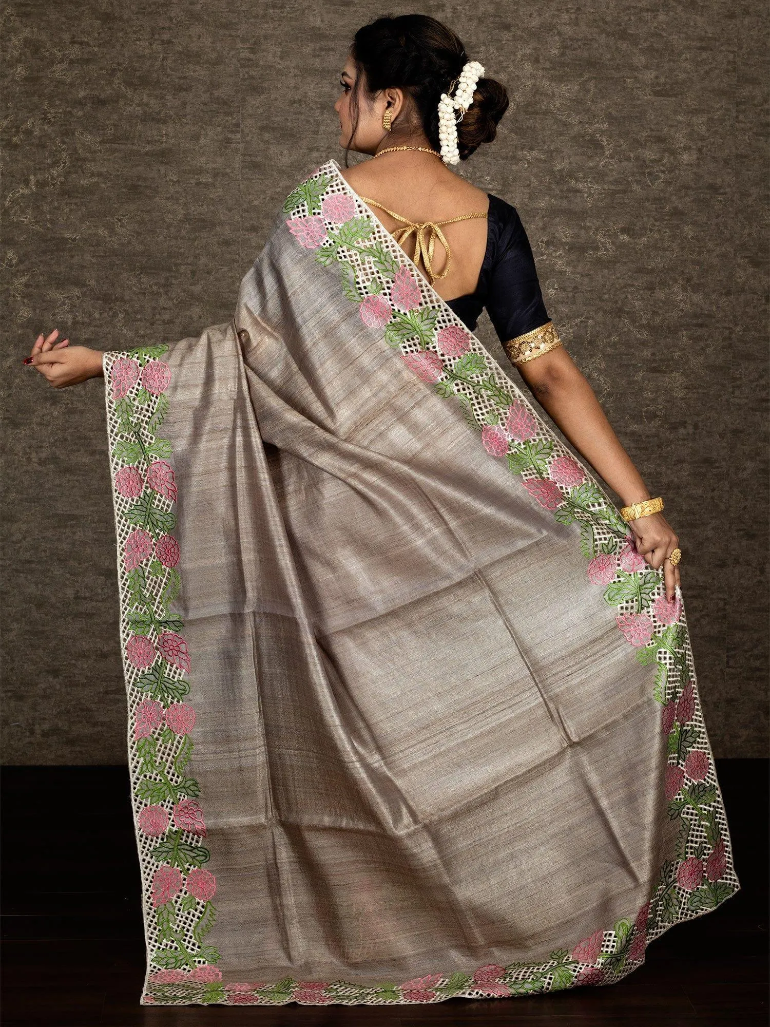 Wonderful Khaki Embroidered Cutwork Tussar Silk Saree