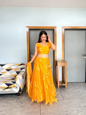 Wonderful Mustard Organza Silk Lehenga Choli