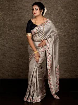 Wonderful Still Grey Embroidered Cutwork Tussar Silk Saree